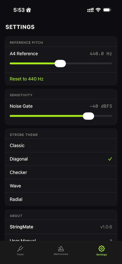 Settings screen (iPhone)