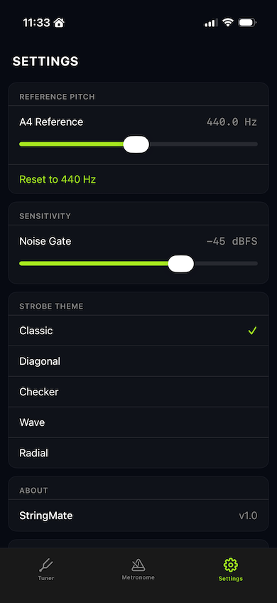 Settings screen